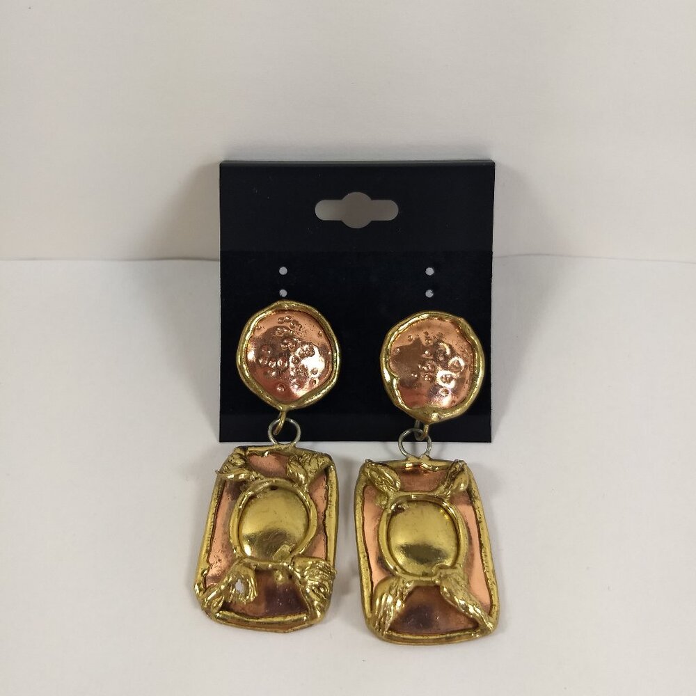 Brutalist Handmade Dangle Earrings Copper Gold Tone Art to Wear One of a Kind